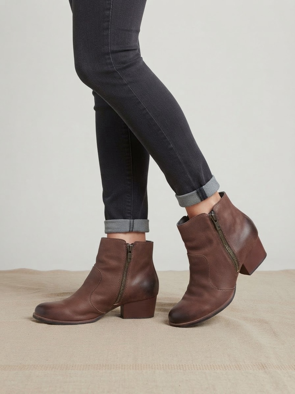 Kork-Ease Brown Leather Side-Zip Ankle Booties